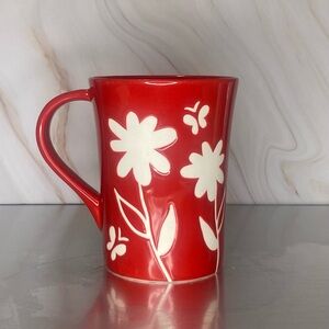 VINTAGE 2007 Starbucks 12oz Red w/ White Flowers Embossed Ceramic Mug
